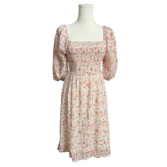 Rails Geena Ambrosia Smocked Puff Sleeve Mini Dress Size Small Cream/Pink Color - Picture 3 of 11